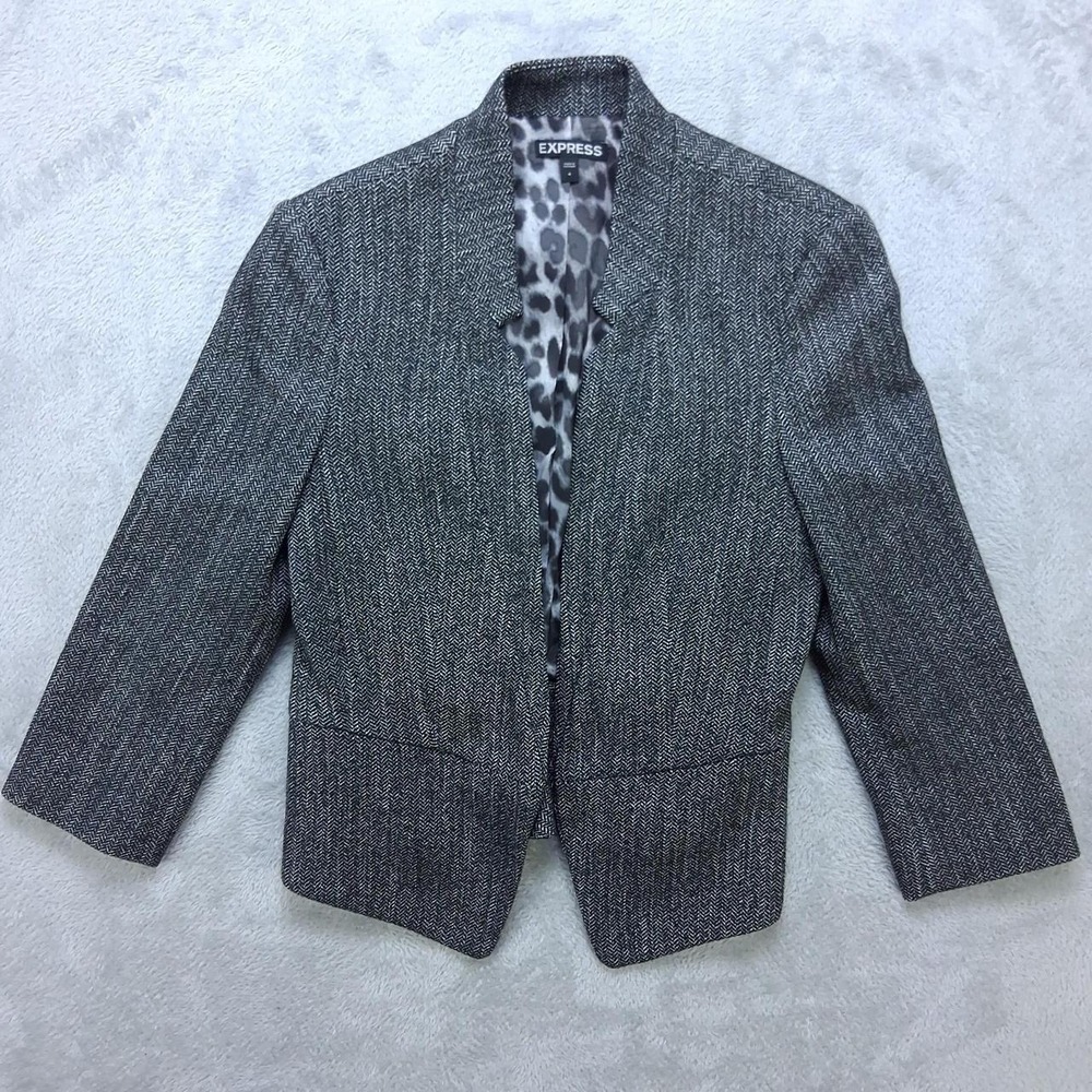 Express Womens Herringbone Open Front Blazer 4 Black Gray Career Jacket